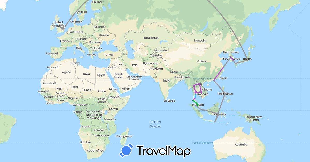 TravelMap itinerary: driving, bus, plane, train, boat in China, United Kingdom, Indonesia, Japan, Cambodia, South Korea, Laos, Malaysia, Philippines, Singapore, Thailand (Asia, Europe)